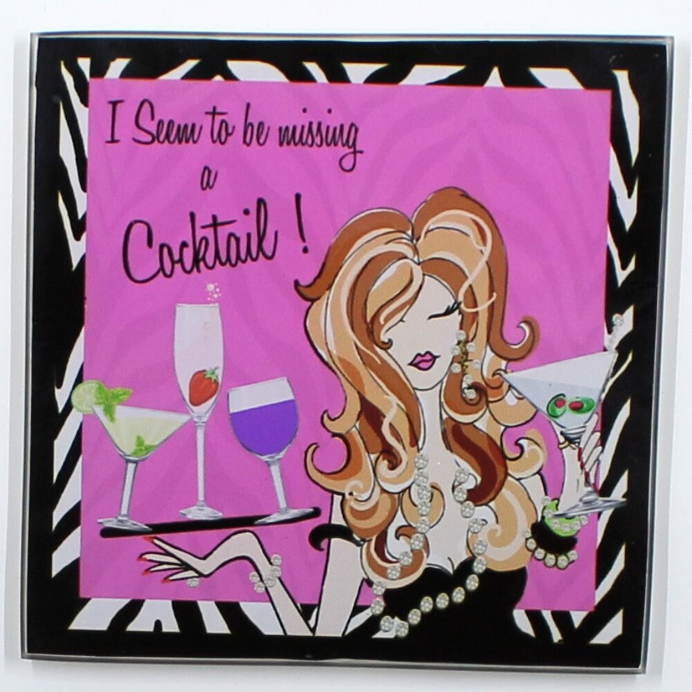 Set of 4 Glass 4" x 4" Square Girly Wine Theme Coasters With Black Holder
